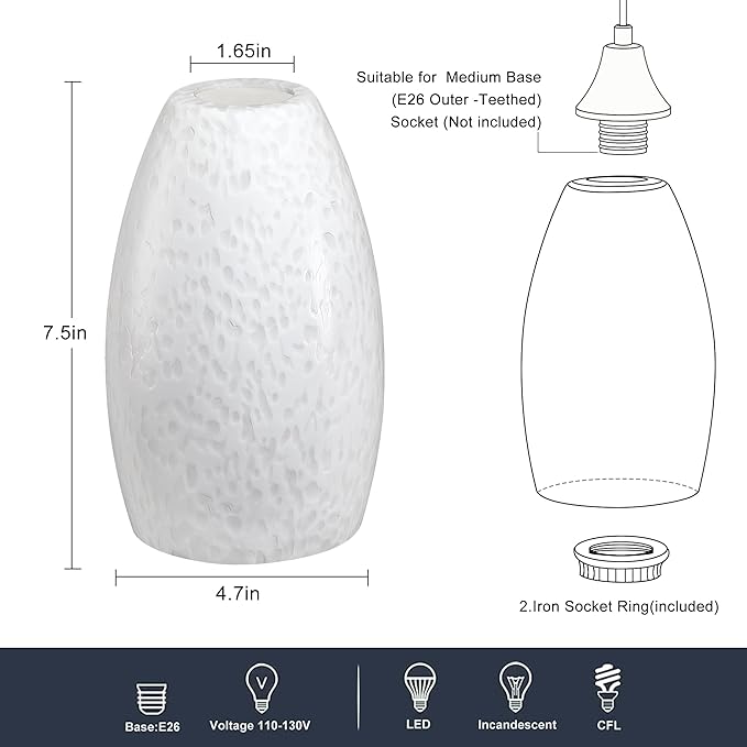 Mini Glass Pendant Light 1-Pack with Handblown Milk White Art Oval Glass Lamp Ceiling Hanging Light, for Dining Room,Kitchen,Foyer,Hallway 4.72"