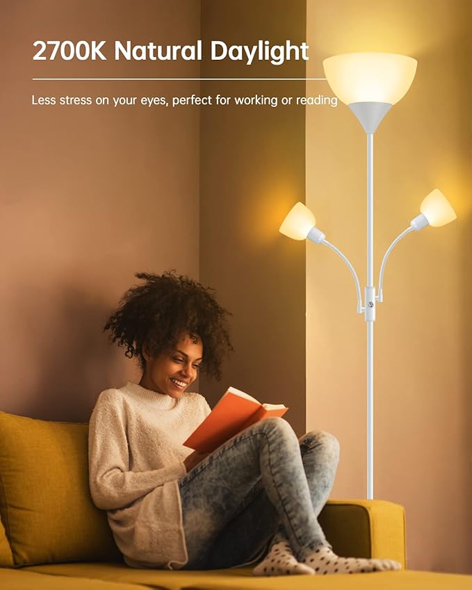 Floor Lamp White, Standing Lamp, 71" Tall Lamps for Living Room, 3 Way Switch, Plastic Lampshade, Torchiere Floor Lamp with Reading Lamps, Modern Pole Lamps for Bedroom Kids Room E26 Base(No Bulb)