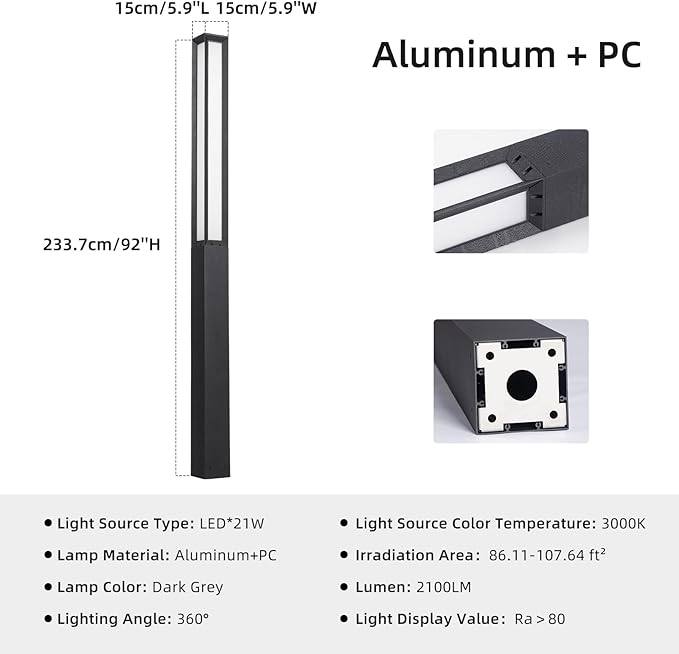 Outdoor Pathway Lights, 92 Inches Tall Bollard Light, 3000K Commercial Landscape Path Lighting, Mordern Led Bollards, IP65 Waterproof Pole Driveway Lights Wired for Sideway Garden Yard