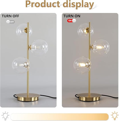 Mid Century Globe Table Lamp, Modern 3 Lights Gold Desk Lamp, Contemporary White Glass Globe Reading Lamp for Bedroom Living Room Study Room