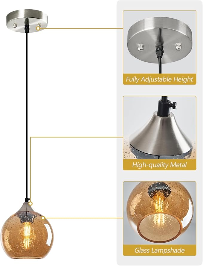 Amber Glass Pendant Lights Kitchen Island Globe Pendant Light Fixtures Modern Pendant Lighting for Bedroom Living Dining Room Light Fixture (5.9 in, 3 Pack)