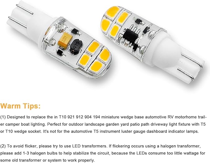 KAKEMONO T5 T10 Wedge Base 2W LED Bulb for 12V 24volt Landscape Path Light, 921 922 912 194 168 T10 Wedge RV Camper Trailer Motorhome Marine Boat Dome Light, 2700K Warm White, 10 Pack