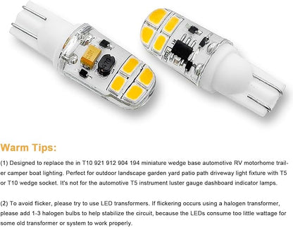 KAKEMONO T5 T10 Wedge Base 2W LED Bulb for 12V 24volt Landscape Path Light, 921 922 912 194 168 T10 Wedge RV Camper Trailer Motorhome Marine Boat Dome Light, 2700K Warm White, 10 Pack