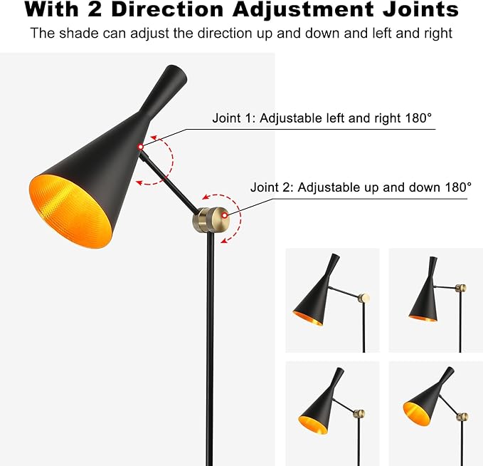 Modern Industrial Floor Lamp For Bedroom, 64'' Adjustable Gold Inner Shade Tall Floor Lamp For Office, Living Room, Skinny Corner Accent Reading Standing Lamp, Retro Farmhouse Mid-Century, Black