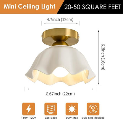 Glaze Ceramic Semi Flush Mount Ceiling Light - 2 Pack, Vintage Gold Hallway Light Fixtures, Flower White Globe Ceiling Lights, Mid Century Small Light Fixture for Cottage Entryway Laundry Room Foyer