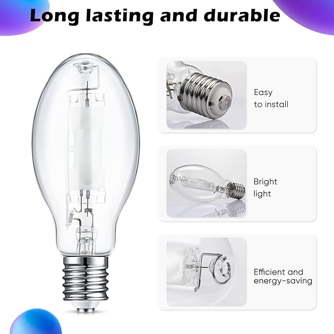 3 Pcs 400 Watt Lighting Metal Halide Lamp MH400/U/MOG 36000 Lumen 4000K Outdoor Light Bulb 12, 000 Hour Span Life Mogul Base (E39) ED28 High Intensity Discharge Metal Halide Bulb(400 Watt)