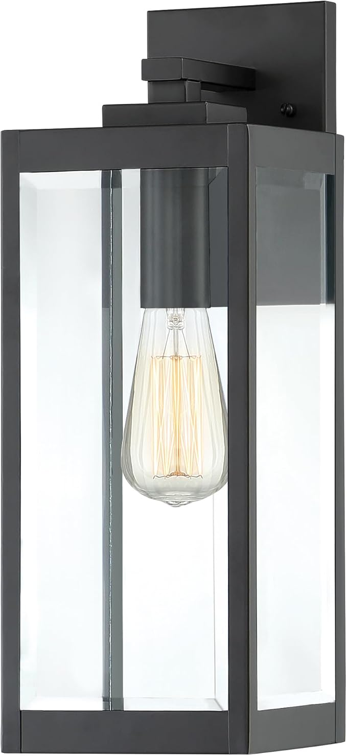 Quoizel Westover Modern Wall Sconce, 17 Inch Earth Black 1-Light Outdoor Light Fixture, Clear Beveled Glass Wall Lantern, 100 W, Industrial Design Wall Light for Porch, Patio, Gazebo or Yard