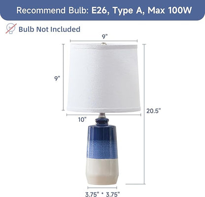 20.5" Ceramic Blue Lamps for Nightstand Set of 2, Blue Table Lamps for Living Room Set of 2, Coastal Table Lamps for Bedroom with White Barrel Lampshade, Blue White Ceramic Lamps for Small Space