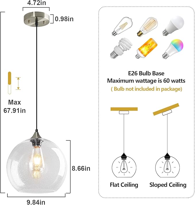 Clear Glass Pendant Lights Kitchen Island Lighting Globe Pendant Light Fixtures Modern Pendant Lighting for Kitchen Island Bedroom Living Dining Room Light Fixture(9.84in, 2-Pack)