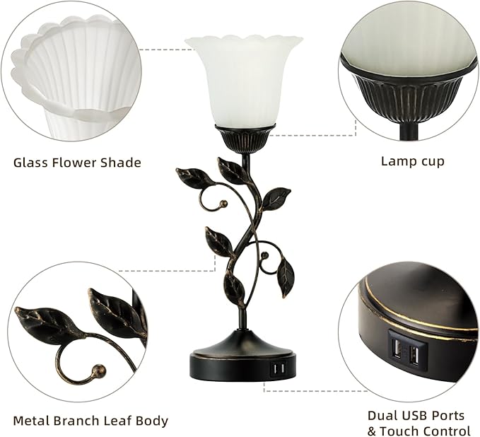 RORIANO Set of 2 Touch Bedside Vintage Lamps with 2 USB Ports, 3-Way Dimmable Flower Lamps, White Glass Shade Rustic Leaf Lamp for Bedroom Side Table, LED Bulb Included