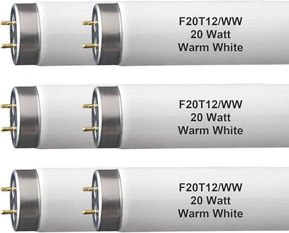 (6Pack) F20T12/WW T12 20W 2ft Fluorescent Tube Light Bulb,F20T12/DSW/RP Soft Warm White,24 inch, Premium Kitchen and Bath,1150 Lumen, 20 watt,3000K