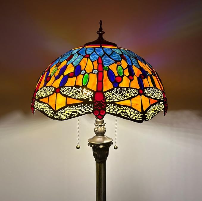 Baroque Tiffany Dragonfly Floor Lamp Orange Glass Vintage Standing Lamp with Pull Chain Traditional Stained Glass Floor Standing Reading Lights for Living Room Bedroom Home Farmhouse