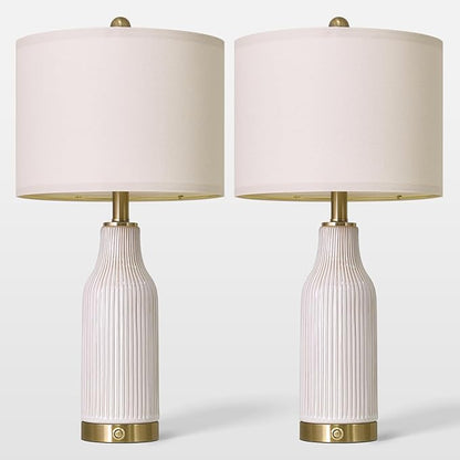 24.5" Modern 3-Way Dimmable Touch Control with USB A+C Ceramic Lamps Set of 2 Table Lamp for Living Room Bedroom Farmhouse Nightstand Bedside White
