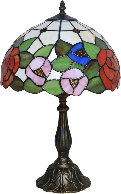 Tiffany Style Table Lamp, Stained Glass Bedside Lamp, Handmade Antique Desk Lamp, Red Rose Pattern, for Living Room Bedroom Home Office, Height 19 Inch, Width 12 Inch, Include LED Bulb