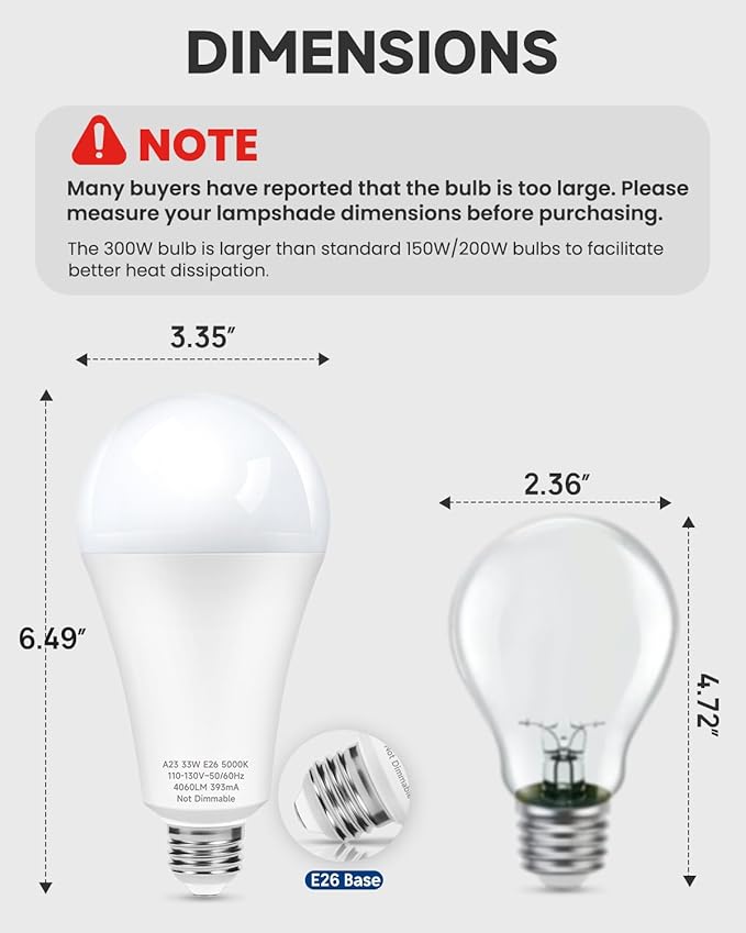 300W Equivalent LED Light Bulb, Super Bright 4060 Lumen Warm White 3000K, A23 E26 Medium Base 33 Watt LED Bulb for Garage Warehouse Workshop Backyard Patio Street Supermarket, 1-Pack