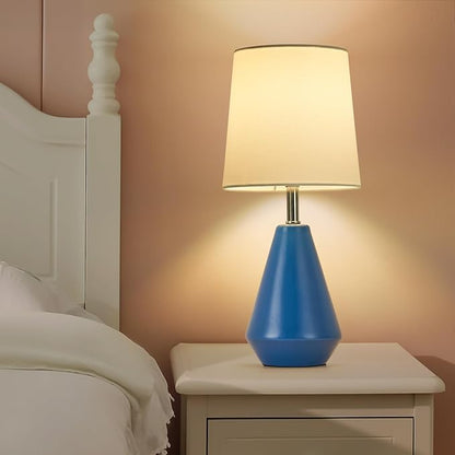 Small Bedside Table Lamp for Bedroom-Reading Desk Lamp Set of 2,with 3 Color Temperatures,15.5" Nightstand Ceramic Lamp with Fabric Shade for Kids Room,Living Room,Dorm,Home Office(Blue+White)