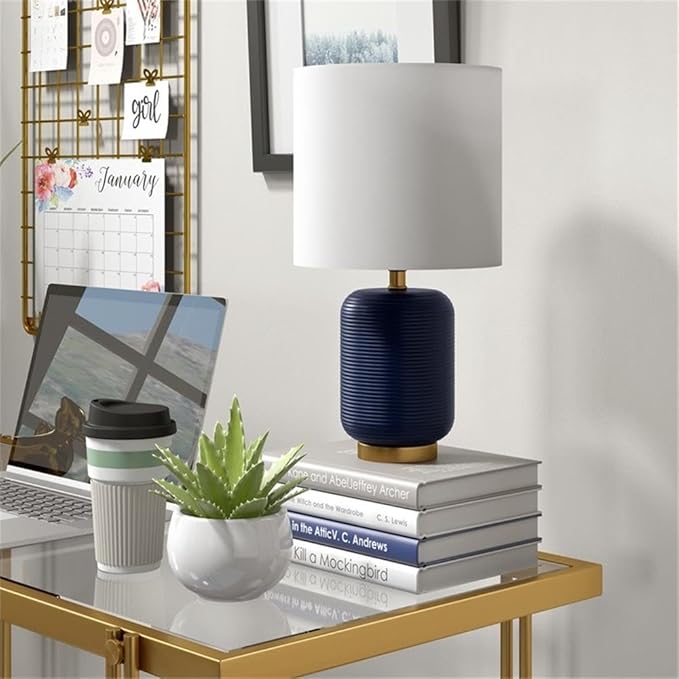 Lambert 15" Tall Ceramic Mini Lamp with Fabric Shade in Matte Navy/White