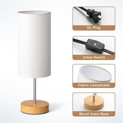 Small Table Lamp for Night Stands, Round White Fabric Shade and Wood Base, Modern Minimalist Bedside Lamps for Bedroom Dresser, Living Room, Dffice Desk, College Rorm, Warm Light, 5W LED Bulb Included