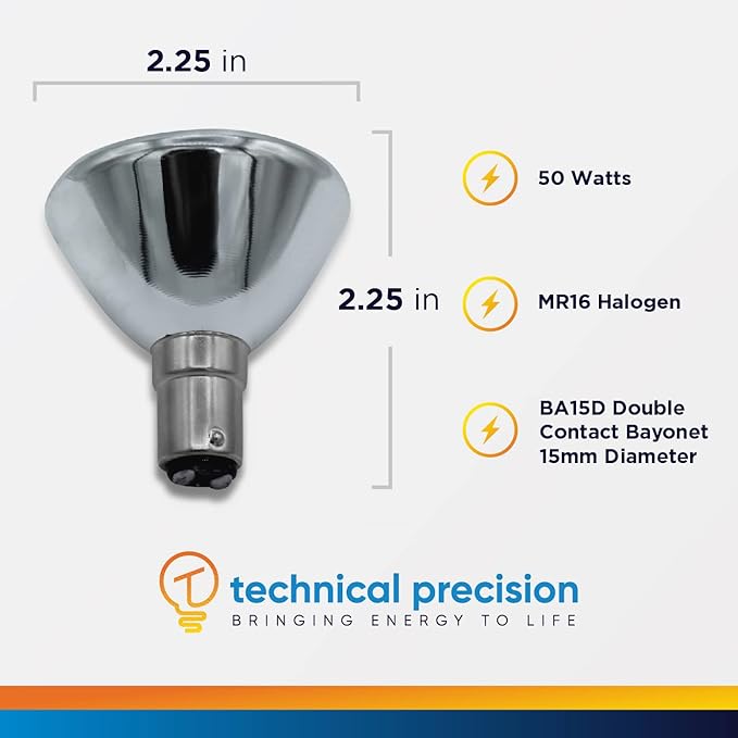 Technical Precision Replacement for Philips 6439-fr Light Bulb 50 Watt MR16 Halogen Bulb with BA15D Double Contact DC Bayonet Base - Frosted Narrow Flood Light - 1 Pack