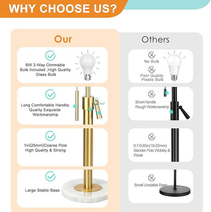 Modern Floor Lamp for Living Room, Adjustable Height Standing Lamp with Marble Base, Gold Tall Pole Light with Linen Shade for Reading Bedroom, Chain Switch, 8W 3-Way Dimmable Bulb Included
