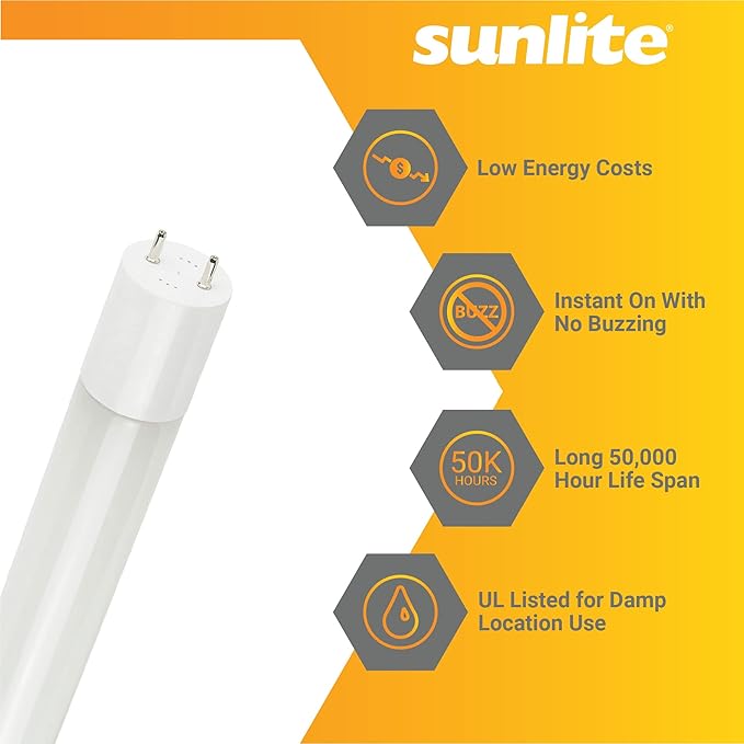 Sunlite 41004 LED T8 Ballast Bypass Light Tube (Type B) 2 Foot, 9W (F17T8 Equal), 1100 Lm, Medium G13 Base, Dual End Connection, Frosted, DLC & UL Listed, 3000K Warm White, 10 Count