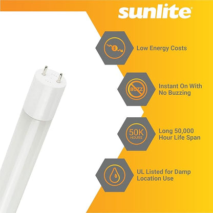 Sunlite 41004 LED T8 Ballast Bypass Light Tube (Type B) 2 Foot, 9W (F17T8 Equal), 1100 Lm, Medium G13 Base, Dual End Connection, Frosted, DLC & UL Listed, 3000K Warm White, 10 Count