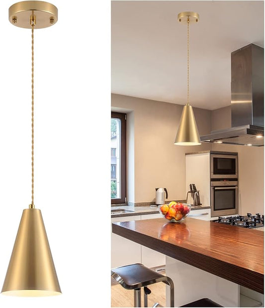 Dijiahua Brass Pendant Lights Kitchen Island,Gold Dining Room Light Fixtures Over Table with Cone Metal Shade, Modern Vintage Mini Chandeliers,Adjustable Cord Hanging Lighting for Bar,Sink.(1 Pack)