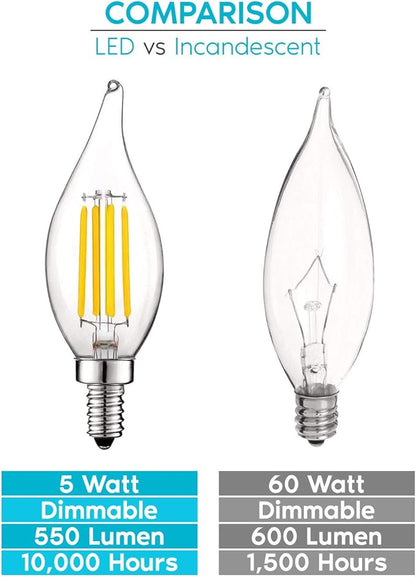 LUXRITE Vintage Candelabra LED Bulb 60W Equivalent, 550 Lumens, 4000K Cool White, Chandelier Light Bulbs 5W, Dimmable, Flame Tip Clear Glass, Filament Candle Bulbs, E12 Base (6 Pack)