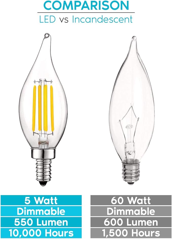 LUXRITE Vintage Candelabra LED Bulb 60W Equivalent, 550 Lumens, 3000K Soft White, LED Chandelier Light Bulbs 5W, Dimmable, Flame Tip Clear Glass, Filament Candle Bulbs, E12 Base (6 Pack)