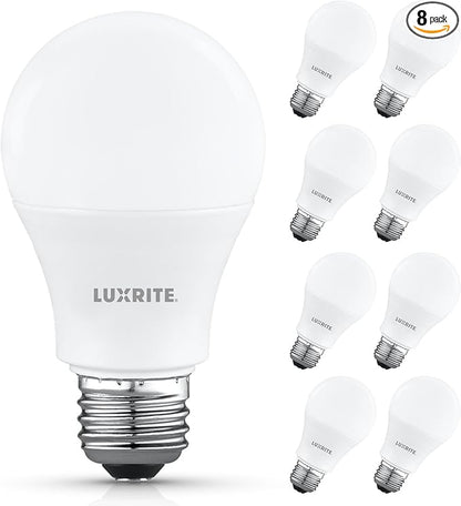 LUXRITE A19 LED Light Bulb 60 Watt Equivalent, Non Dimmable, CRI80, 5000K Bright White, 800LM, Standard LED Light Bulbs 8W, E26 Base, Enclosed Fixture Rated, Damp Rated, ETL Listed (8 Pack)