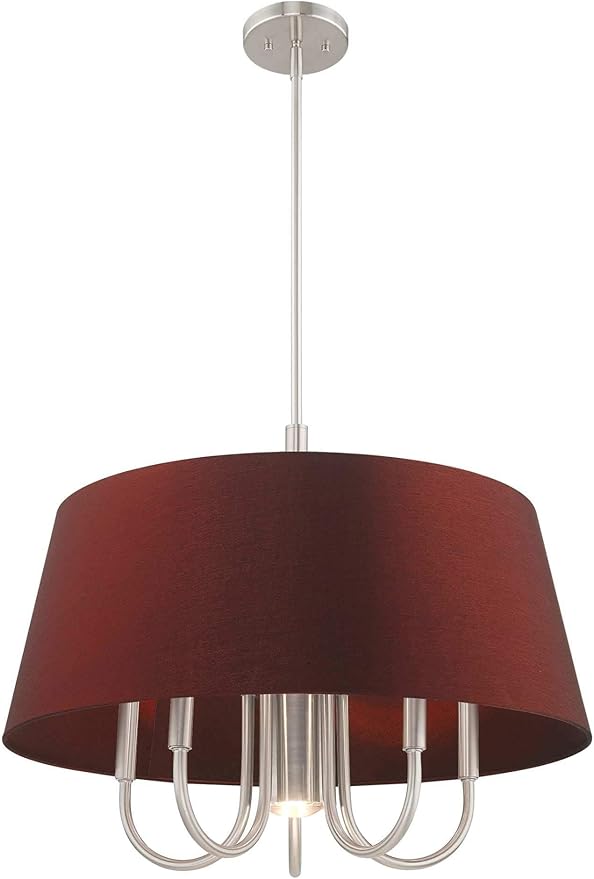 Livex Lighting 52905-91 Belclaire - Six Light Chandelier, Brushed Nickel Finish with Red Wine Fabric Shade