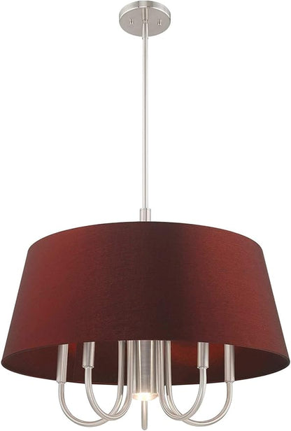 Livex Lighting 52905-91 Belclaire - Six Light Chandelier, Brushed Nickel Finish with Red Wine Fabric Shade