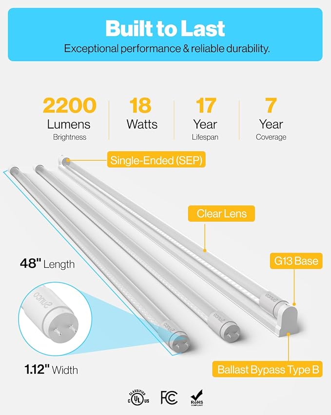 Sunco 100 Pack T8 LED Bulbs 4 Foot, Tube Light Bulbs Ballast Bypass, 48 Inch Fluorescent Replacement, 2200 LM, 18W, 6000K Daylight Deluxe, Single Ended Power, Type B, Clear Lens UL.