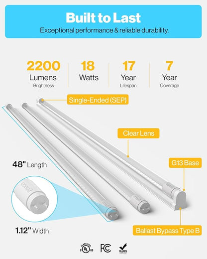 Sunco 100 Pack T8 LED Bulbs 4 Foot, Tube Light Bulbs Ballast Bypass, 48 Inch Fluorescent Replacement, 2200 LM, 18W, 6000K Daylight Deluxe, Single Ended Power, Type B, Clear Lens UL.