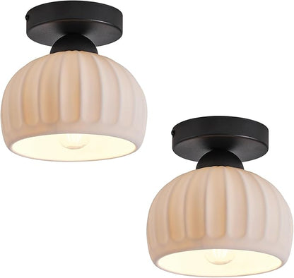2 Pack Ceramic Semi Flush Mount Ceiling Light,Vintage Black Hallway Light Fixtures, White Globe Ceiling Lights,Mid Century Small Chandelier Light Fixture for Cottage Entryway Laundry Room Kitchen