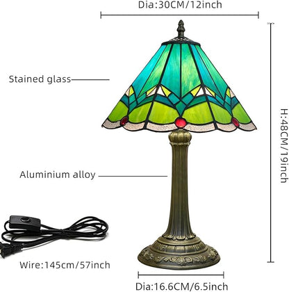 Green Tiffany Lamp Retro Rural Style Farmhouse Teal Bedroom Bedside Reading Light Living Room Hotel Bar Home Decor 12x19 Inch E26 Nightstand Unique Colored Bronze Metal Base Stainred Glass Table Lamp