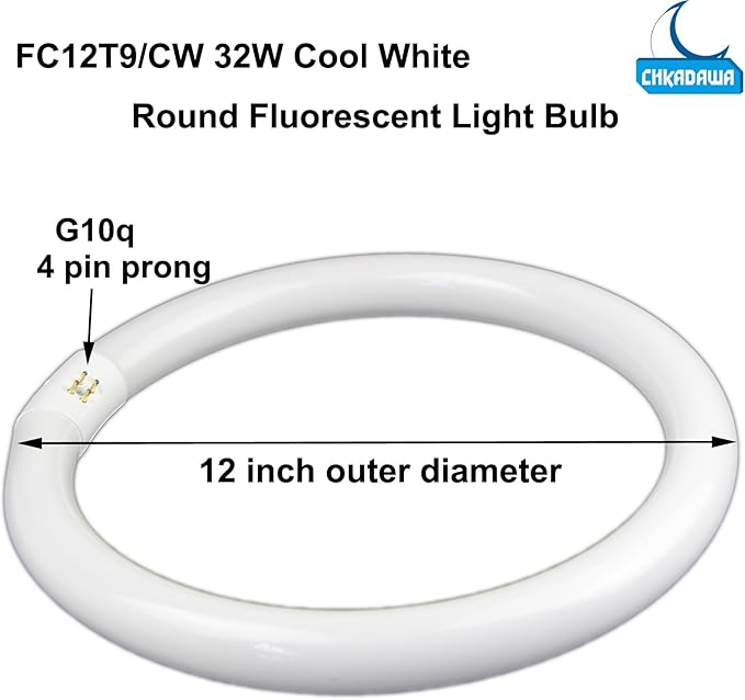 FC8T9/CW 22W and FC12T9/CW 32W Cool White Round Fluorescent Light Bulb Set, 8 inch T9 22 Watts & 12 inch 32 Watts Circular Bulbs Pack, Circline Kitchen and Bath Light Bulbs, CRI 80, 4100K, G10q Prong
