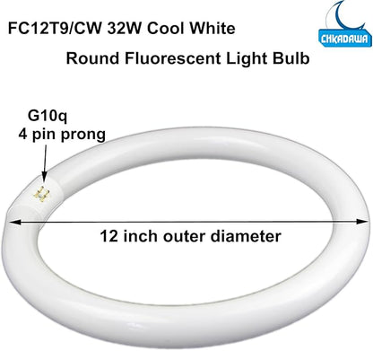FC8T9/CW 22W and FC12T9/CW 32W Cool White Round Fluorescent Light Bulb Set, 8 inch T9 22 Watts & 12 inch 32 Watts Circular Bulbs Pack, Circline Kitchen and Bath Light Bulbs, CRI 80, 4100K, G10q Prong