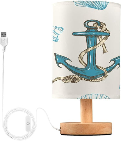 Bedside Lamp Nautical Anchors Seashells Table Lamp for Bedroom LED Nightstand Lamp Shade USB Ports Wood Base for Living Room Dorm Office
