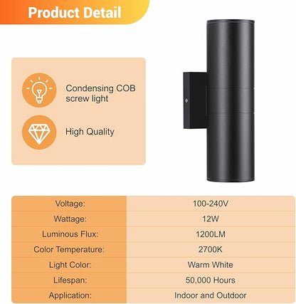 Outdoor Wall Lights 4Pack, Integrated LED Cylinder Up Down Lights, 12W 2700K Aluminum Exterior Wall Light, Outdoor Light Fixture for Porch Patio Door.(Matte Black)