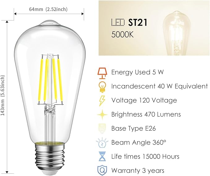 LVWIT ST21 LED Edison Light Bulbs 5W(40W Equivalent) Dimmable 5000K Warm White Vintage Edison Light Bulb E26 Medium Base, Antique Glass Style for Home, Bedroom, Office, Farmhouse(6-Pack)