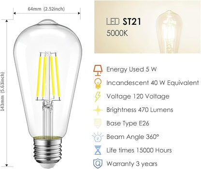 LVWIT ST21 LED Edison Light Bulbs 5W(40W Equivalent) Dimmable 5000K Warm White Vintage Edison Light Bulb E26 Medium Base, Antique Glass Style for Home, Bedroom, Office, Farmhouse(6-Pack)