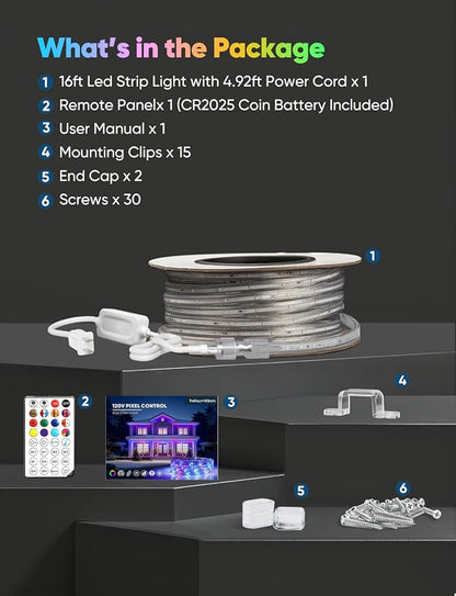 16FT Outdoor LED Strip Lights RGB+IC with Warm&Cool White, ETL Listed Music Sync Light Strip AC 120V, IP65 Waterproof and Connectable, for Party Festival Eave Porch Patio Every Day Decor