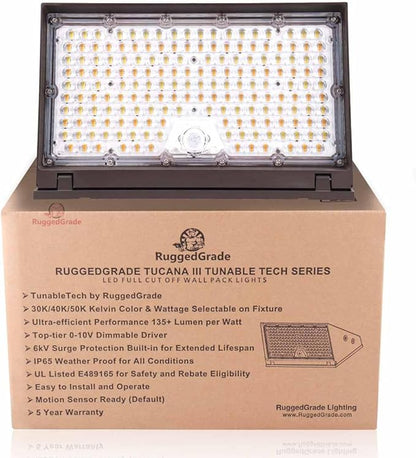 RuggedGrade 120W - Tucana III TunableTech Series - LED Wall Pack Light with Photocell & Motion Sensor - 17,200 Lumens - Color Selectable 3000K/4000K/5000K - Outdoor LED Light - DLC 5.1 Premium