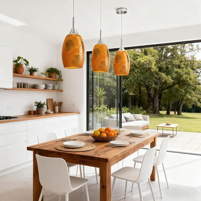 Oval Glass Lamp Shade Cover for Kitchen Pendant Light over Island, Orange Stone Crackle Hanging Ceiling Light Fixture Replacement, 7x4.71" with 1.65" Fitter, Pendant Chandelier Glass Shade 3 Pack