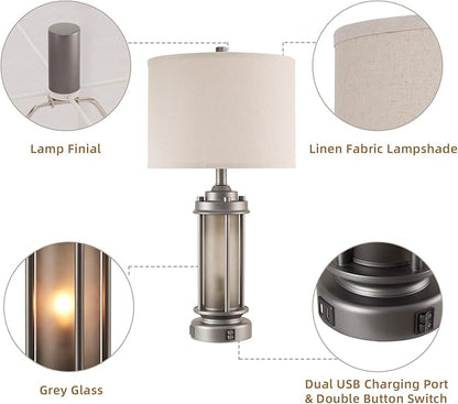 Industrial Metal Table Lamps Set of 2 Living Room Bedroom, 2 USB Ports Bedside Lamp with Glass Nightlight, Modern Desk Lamp for Entryway Office End Table, 4 Bulbs Included