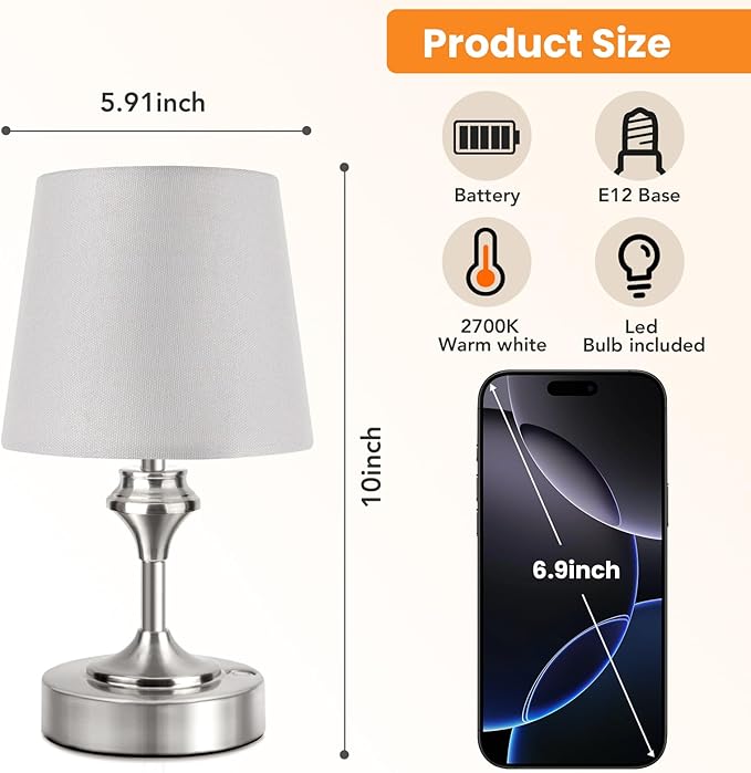 NIORSUN Portables Cordless Table Lamp, 10.2" Battery Operated Lamp, Bedside Table Lamp with Warm White,3 Way Dimmable Touch Desk Lamp for Bedroom Living Room Restaurant Whtie Shade (Silver)