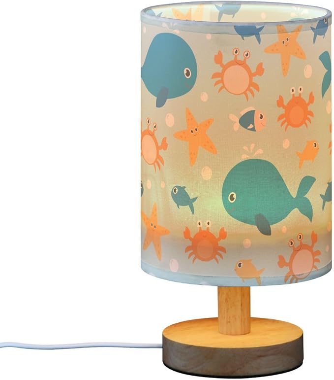 Bedside Lamp Crab Fish Whale Starfish Table Lamp for Bedroom LED Nightstand Lamp Shade USB Ports Wood Base for Living Room Dorm Office