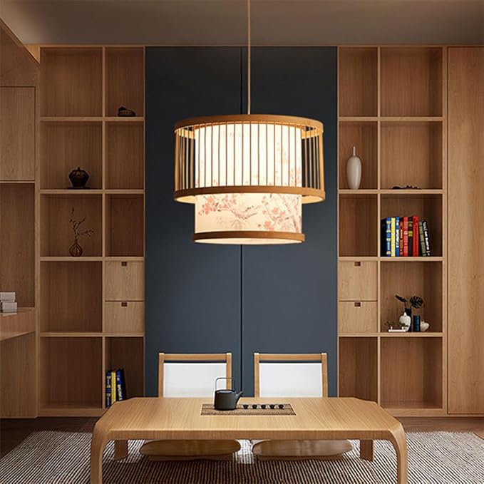 Modern New Chinese Style Patterned Pendant Lamp Fixture Creative Bamboo Suspension Lamp with Wood Canopy Vintage Lantern Hanging Light for Kitchen Dining Room Bedroom E27 Droplight
