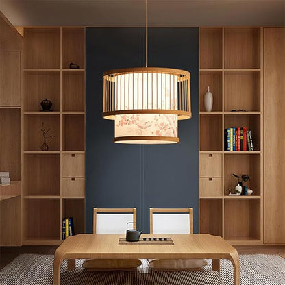 Modern New Chinese Style Patterned Pendant Lamp Fixture Creative Bamboo Suspension Lamp with Wood Canopy Vintage Lantern Hanging Light for Kitchen Dining Room Bedroom E27 Droplight